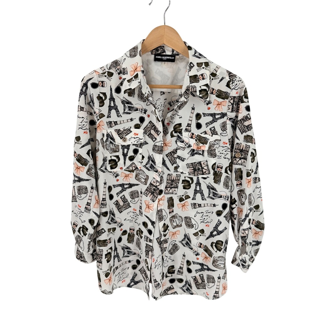 Karl Lagerfeld Paris Button Down Shirt White Small Paris Eiffel Tower Print